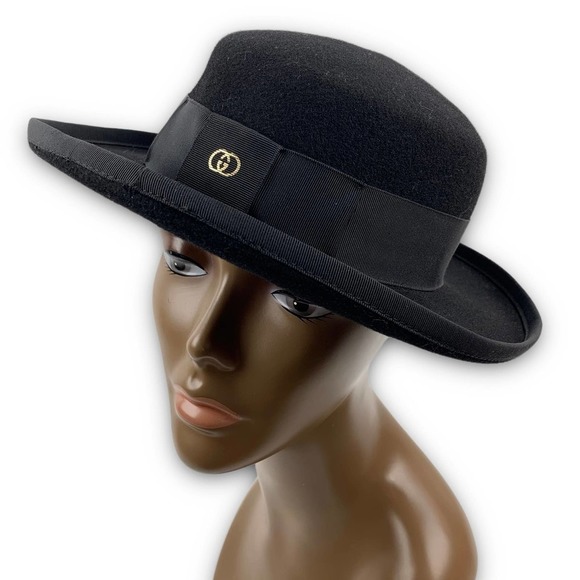 RARE 1970's GUCCI black wool felt bowler hat with classic GG logo - Picture 12 of 16
